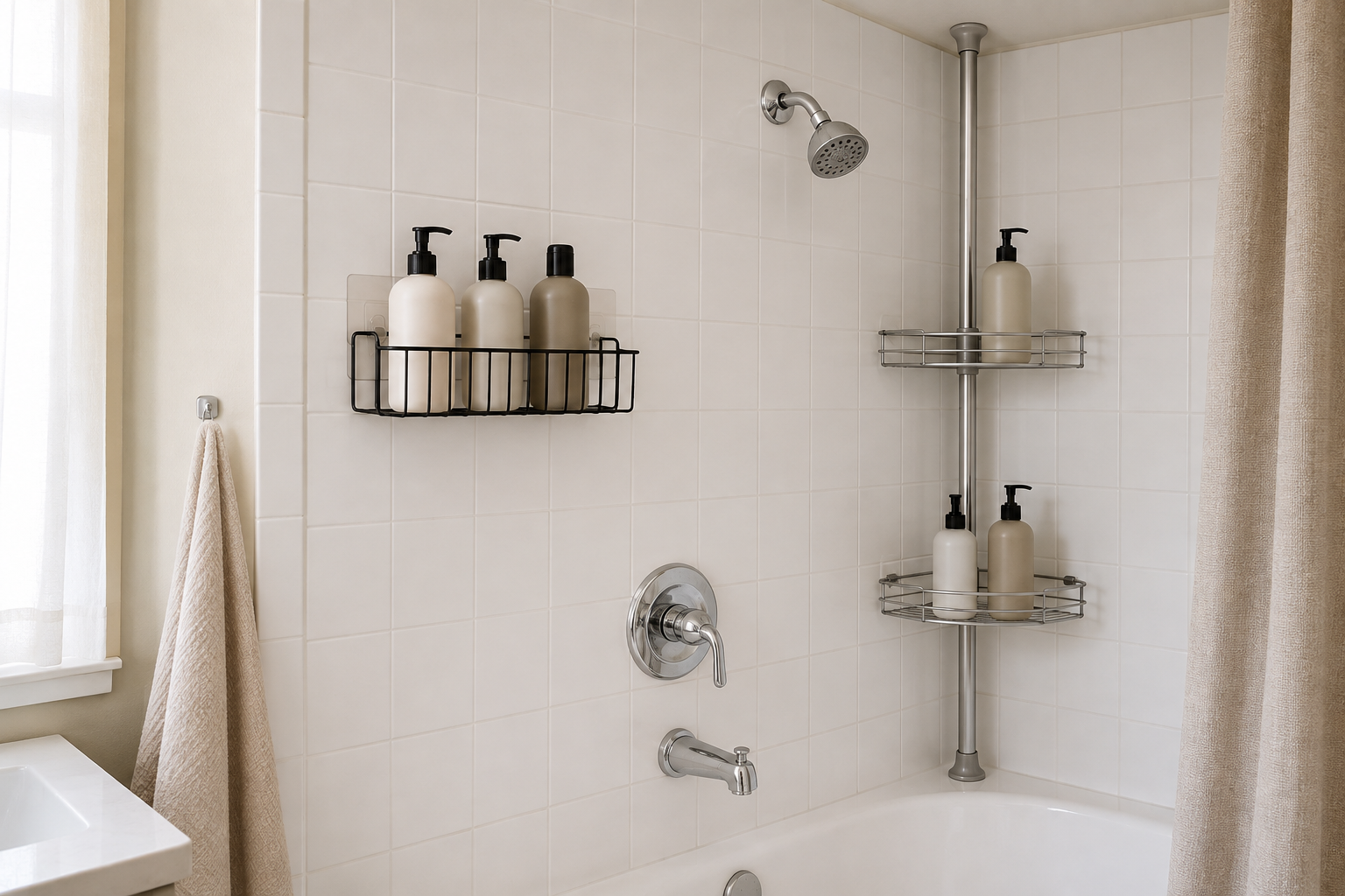 Adhesive wire shower shelf on smooth tile beside a floor-to-ceiling tension pole caddy in a rental bathtub-shower