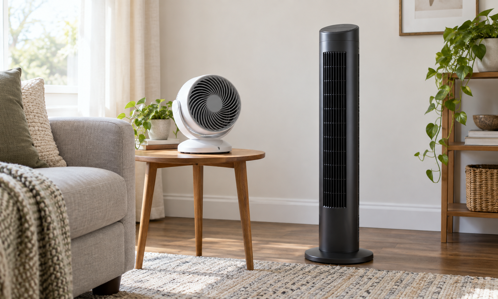 Unbranded compact round air circulator on a side table beside a slim tower fan on the floor in a small living room