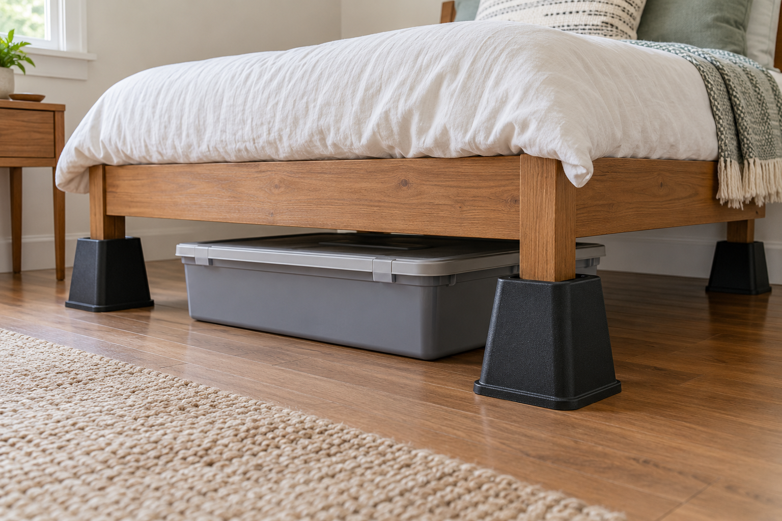 Wood bed frame seated in wide black bed risers with a low gray storage bin underneath