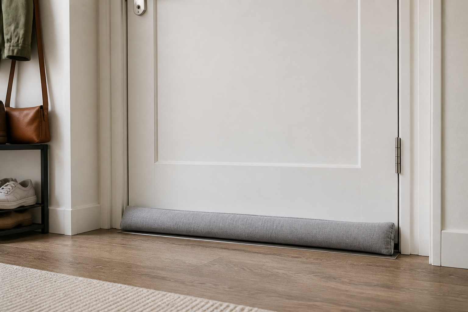 Gray fabric draft stopper fitted along the bottom of a closed apartment entry door with the floor clearance visible