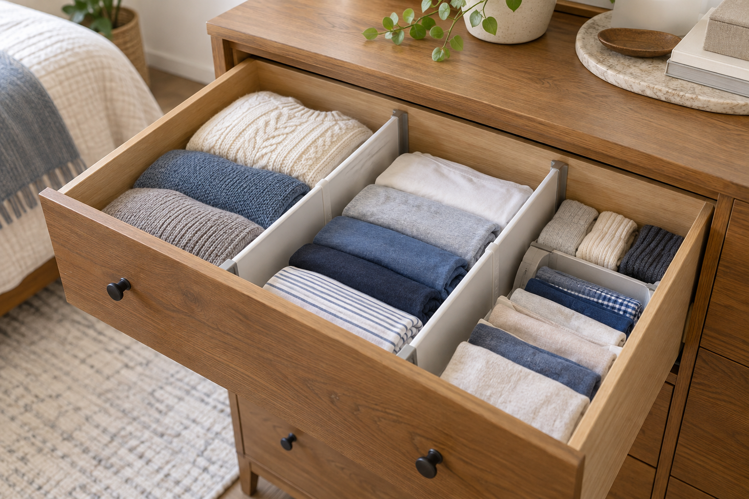 Adjustable white dividers separating sweaters, shirts, and small folded clothes inside a deep wooden dresser drawer