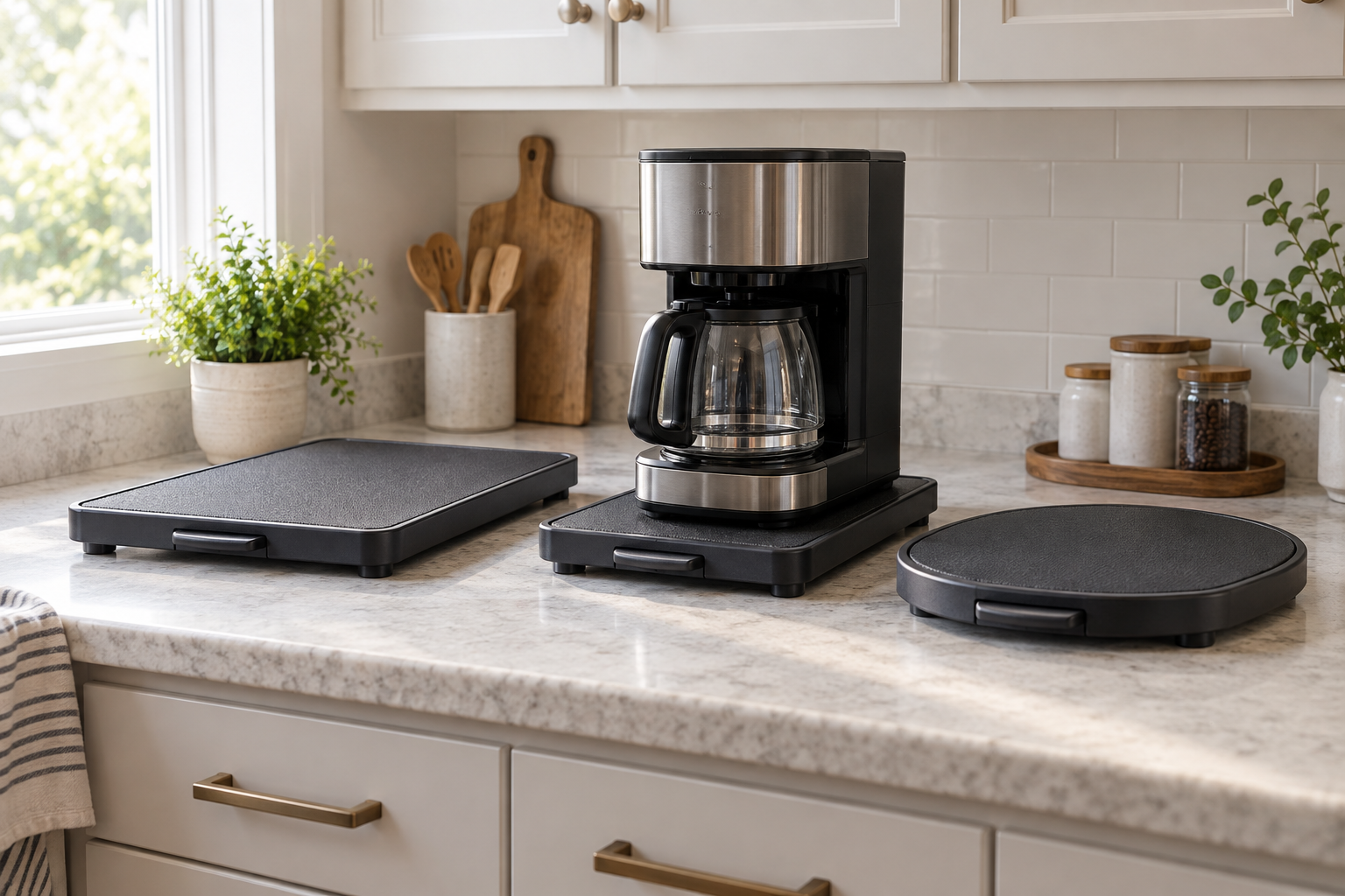 Three generic appliance sliding tray formats on a deep kitchen counter, with a coffee maker centered on one rectangular tray
