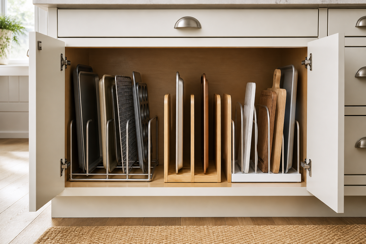 Sheet pans, cooling racks, and cutting boards stored upright in metal, wood, and coated organizers inside a kitchen cabinet