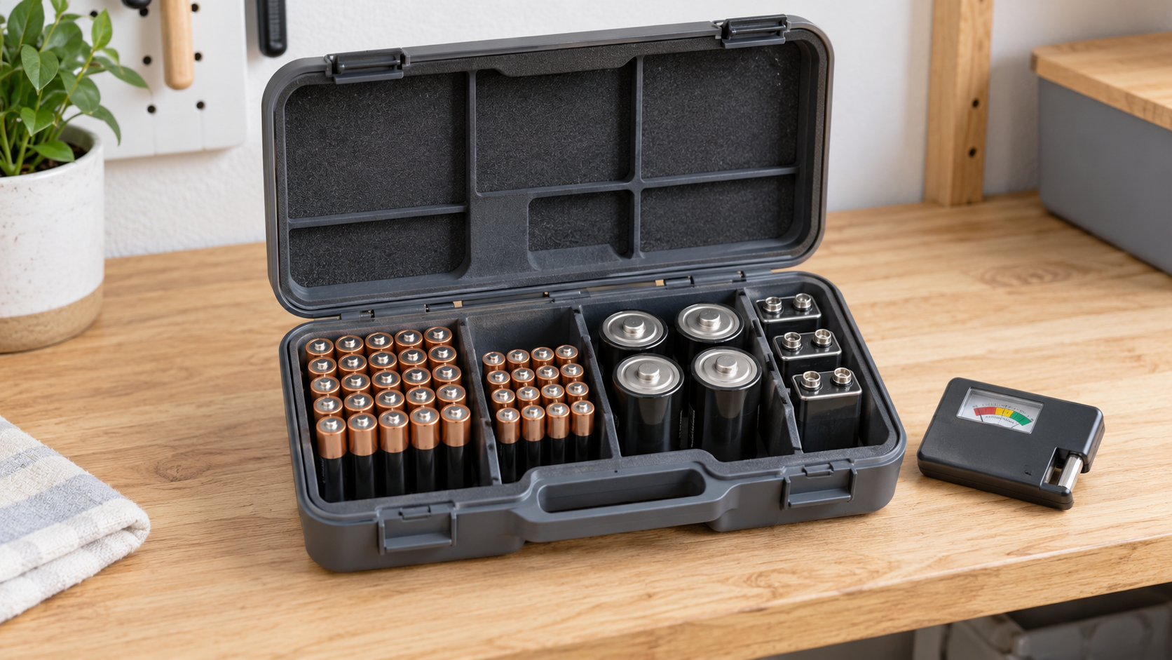 Open household battery organizer case with common battery sizes separated in fitted compartments and a tester beside it