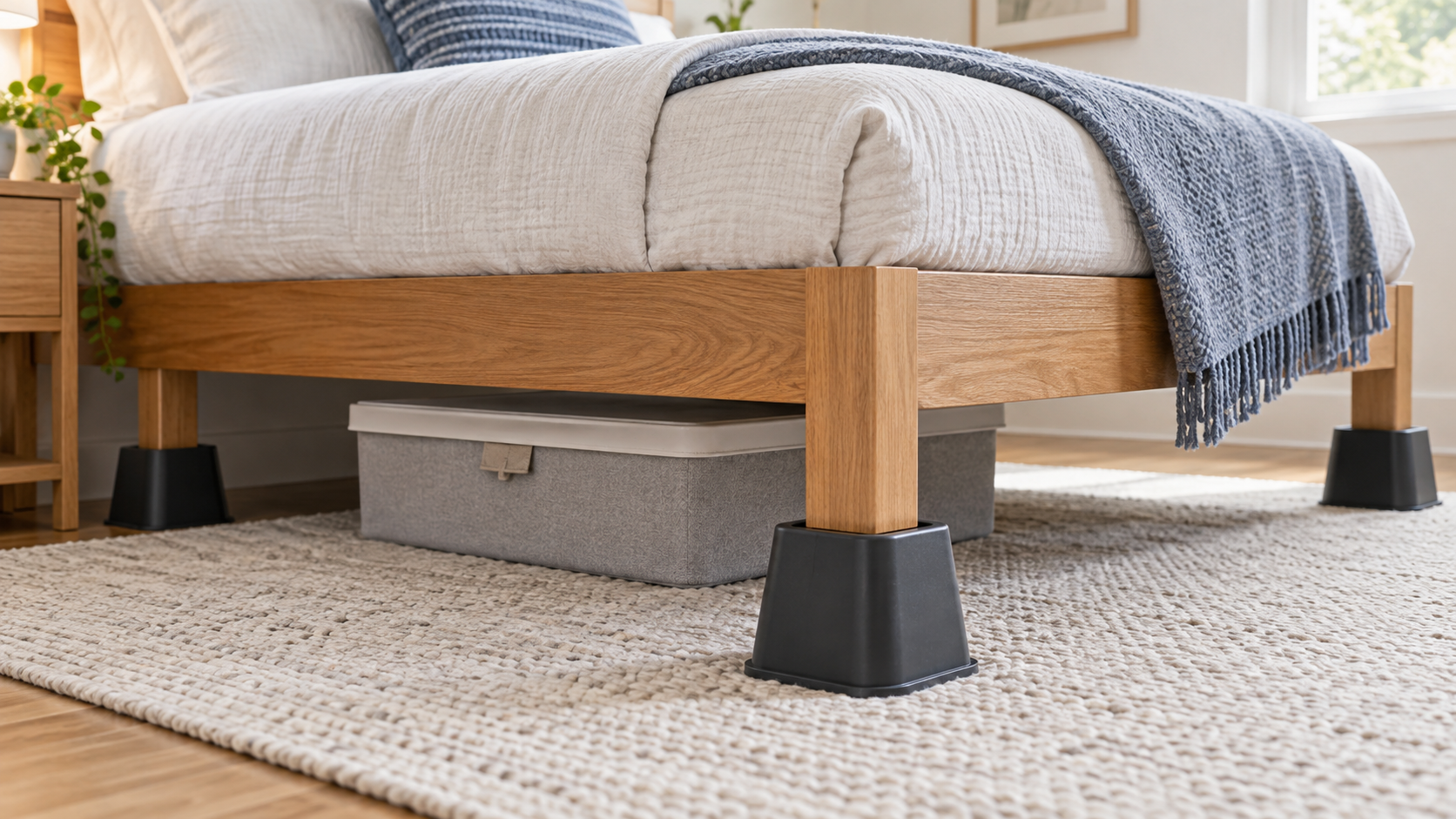 Wood bed frame legs seated squarely in wide black bed risers above a low under-bed storage bin