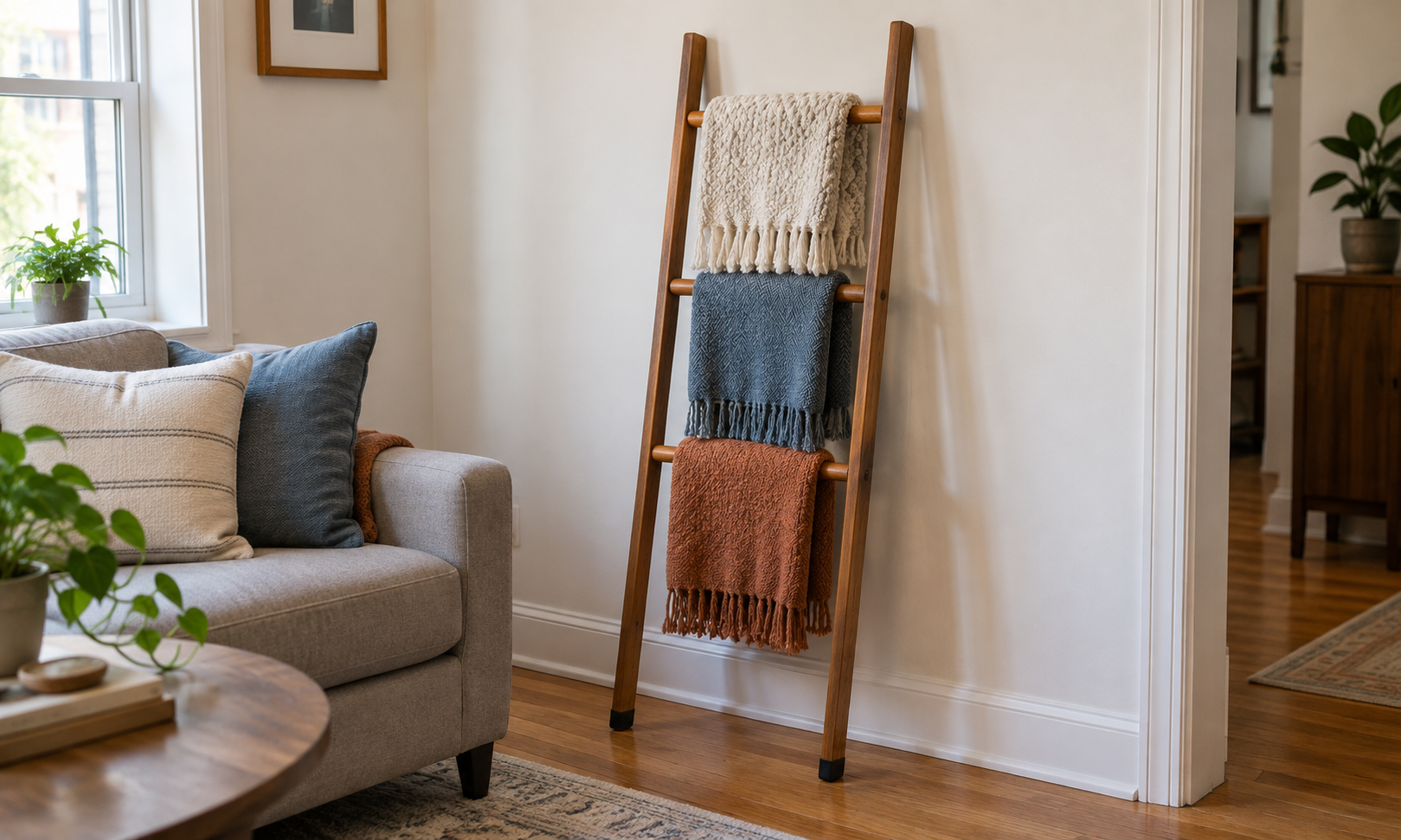 Wood decorative blanket ladder holding three throws beside a sofa, with its wall contact and floor footprint visible