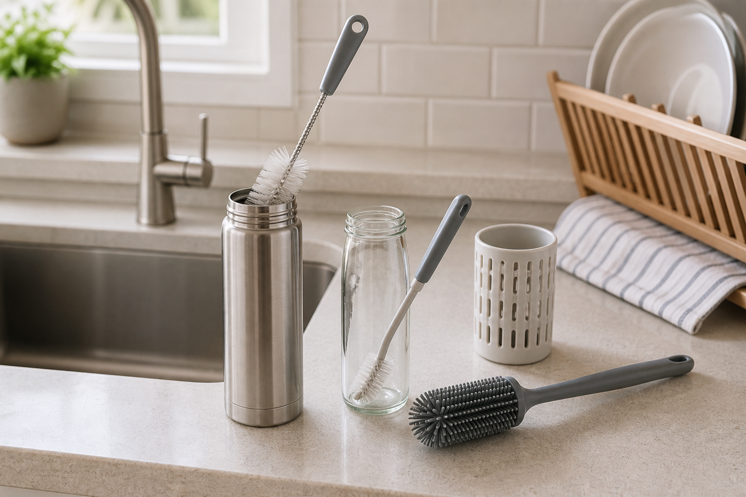 Unbranded nylon and silicone bottle brushes beside a stainless-steel water bottle and narrow glass jar at a kitchen sink