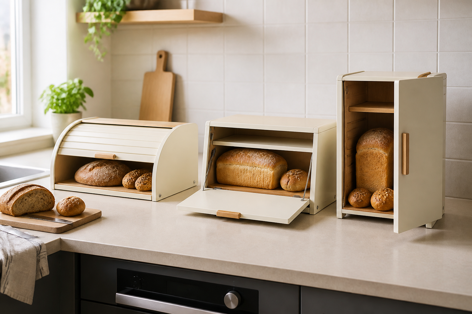 Roll-top, drop-front, and tall vertical bread boxes shown open on a compact kitchen counter to compare footprint and access