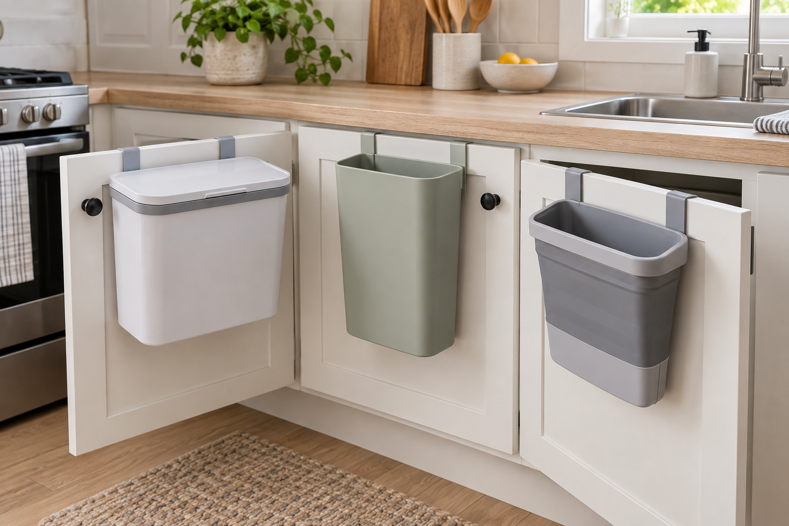 Three unbranded removable trash-can formats hanging from cabinet doors in a small rental kitchen
