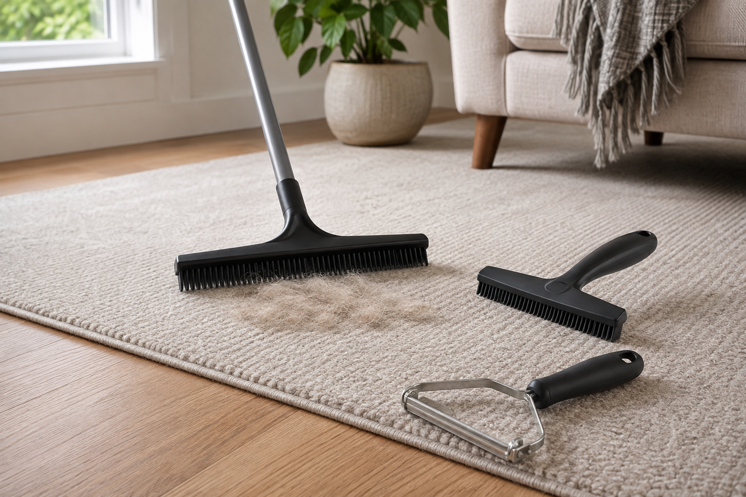 Long-handled rubber carpet rake, handheld rubber rake, and metal-edge lint tool beside a small patch of pet hair on a low-pile area rug