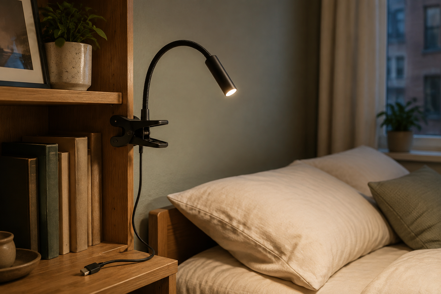 Unbranded clip-on reading lamp clamped to a wooden bookshelf beside a bed in a rental bedroom, showing the clamp contact point and flexible neck