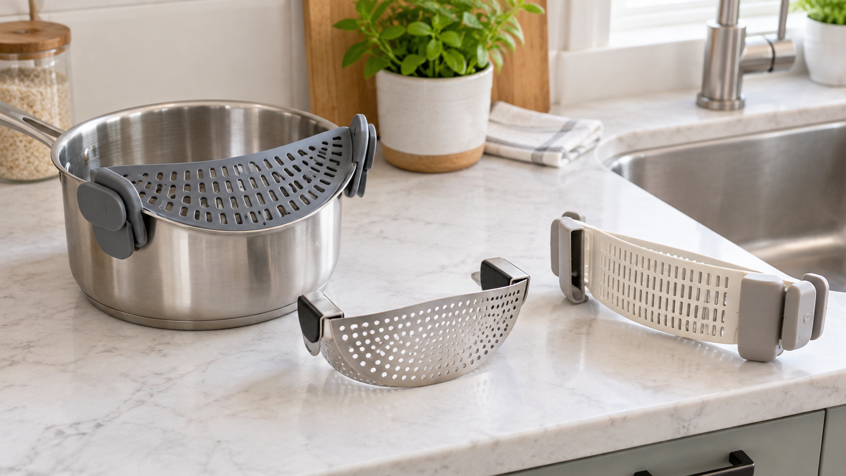 Three unbranded clip-on pot strainer formats arranged beside a stainless-steel saucepan on a compact kitchen counter