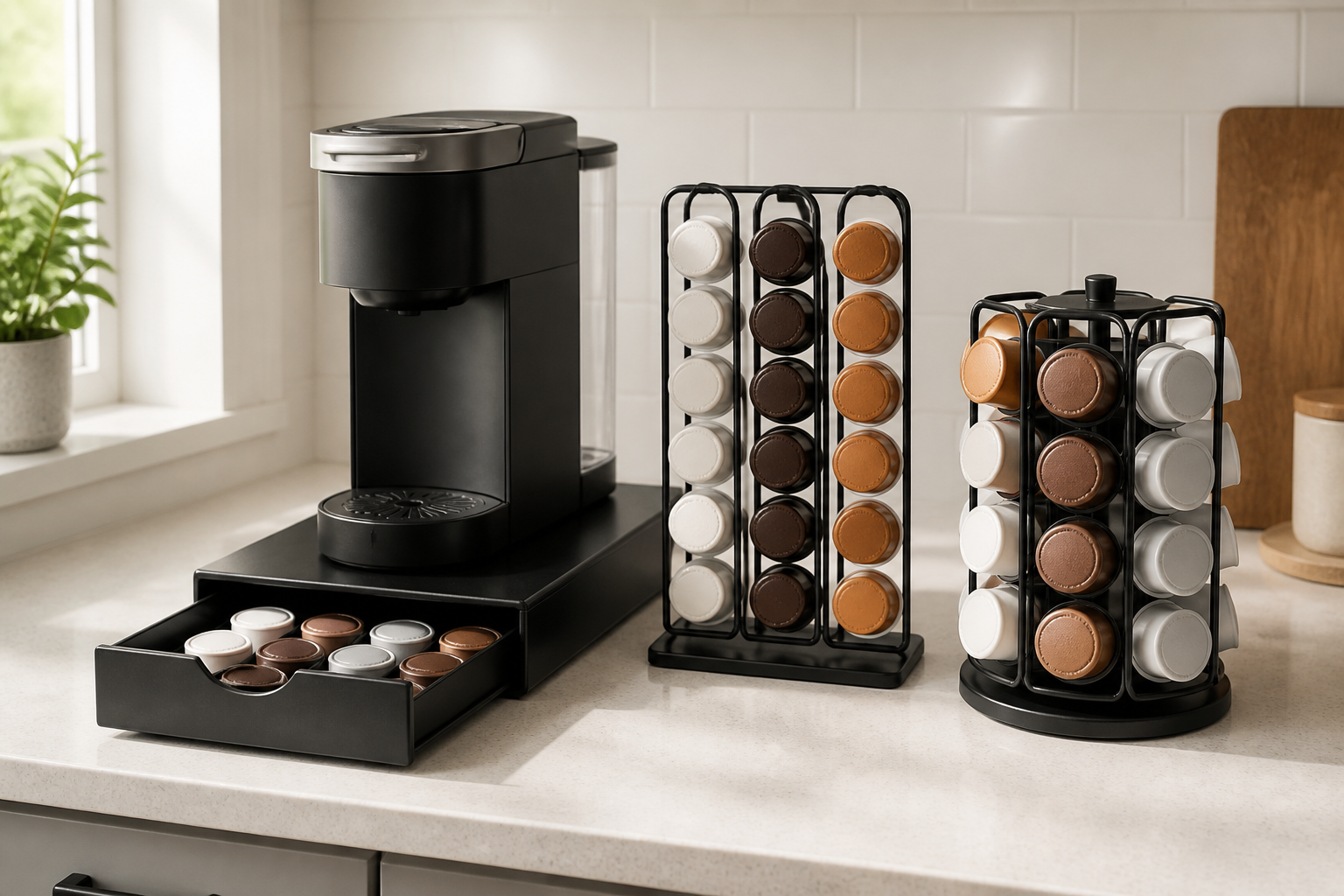 An unbranded single-serve coffee machine with under-machine drawer, vertical rack, and carousel coffee pod organizers on a small kitchen counter