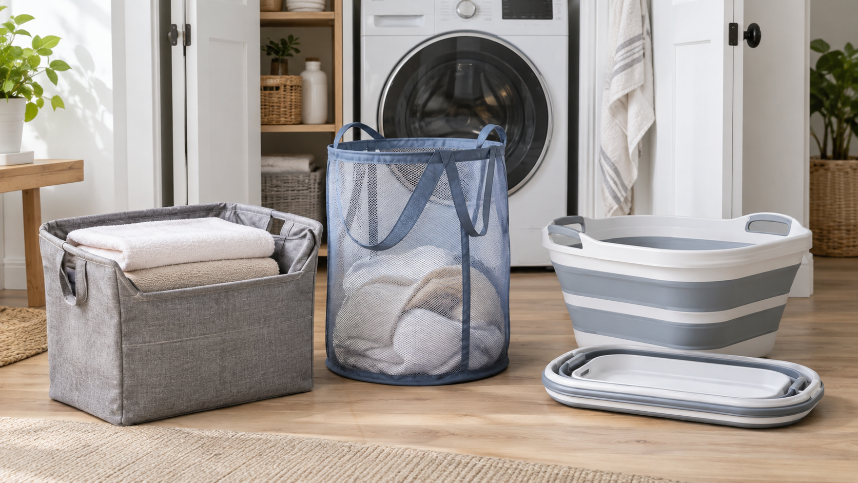 Three unbranded collapsible laundry basket formats—a structured fabric basket, a pop-up mesh basket, and a flexible fold-down basket—in a compact apartment laundry nook