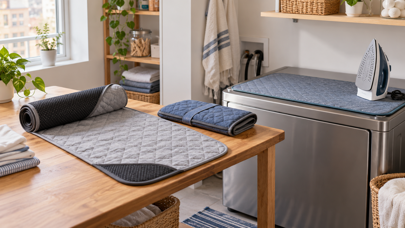 A roll-up quilted ironing mat on a wood table, a folded compact mat, and a mat laid across a laundry appliance top in a small apartment laundry area