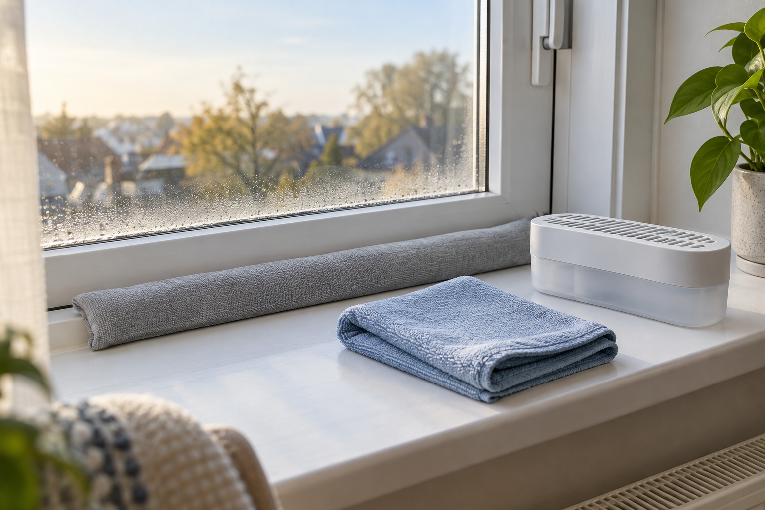 Long absorbent sill strip, folded reusable microfiber cloth, and slim refillable moisture absorber arranged beside a lightly misted apartment window