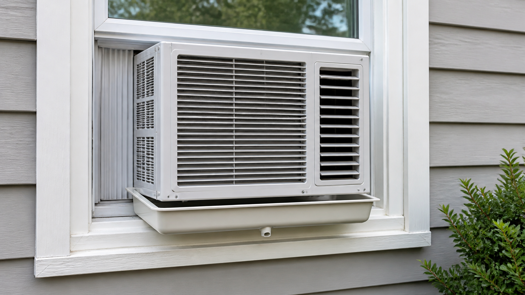 Generic window air conditioner with a shallow condensation collection tray positioned beneath the outdoor side