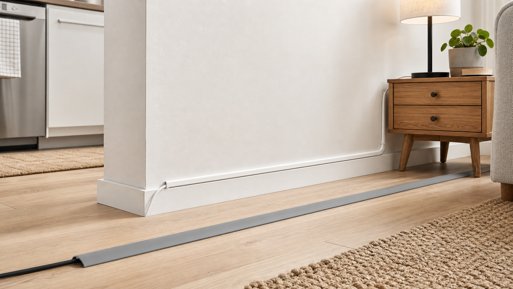Low-profile floor cord protector and white wall raceway routing cables in a rental apartment