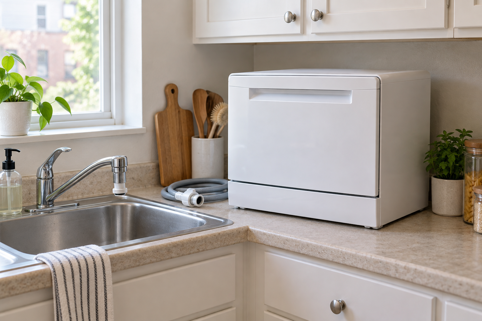 Unbranded white countertop dishwasher beside a rental-kitchen sink, with its removable hose, faucet adapter, counter footprint, and upper-cabinet clearance visible