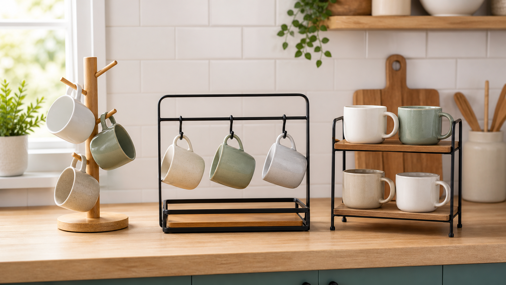 A wood mug tree, horizontal hook rack, and two-tier mug stand compared on a small kitchen counter