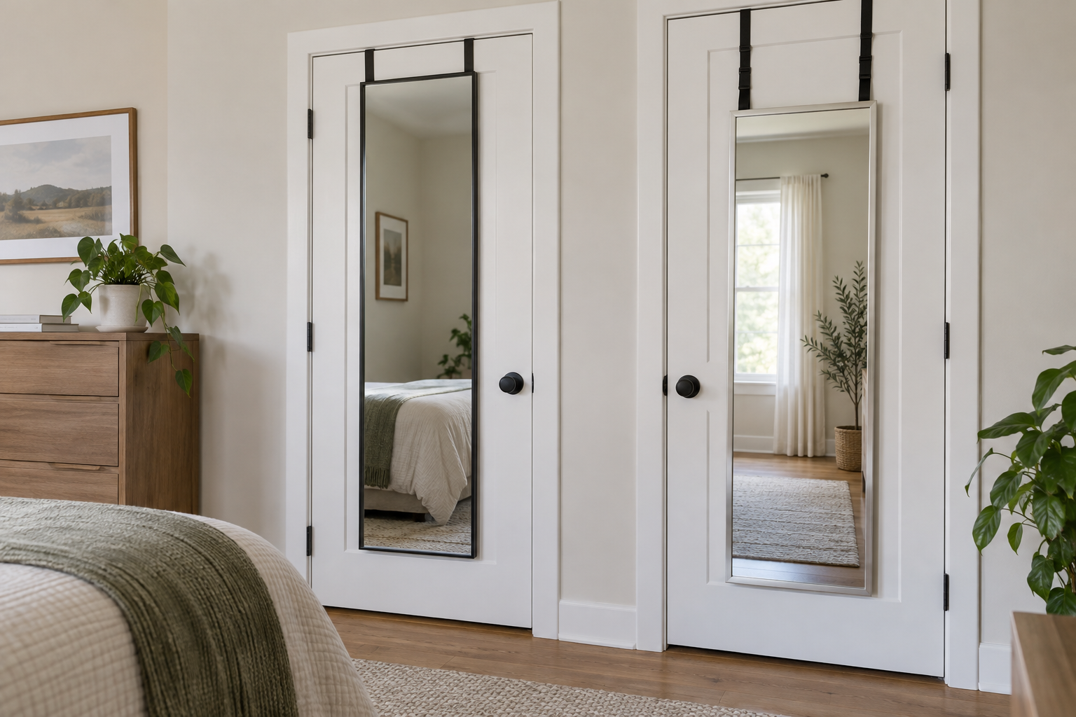 Two unbranded full-length mirrors mounted on interior doors, one using over-door brackets and one using adjustable straps