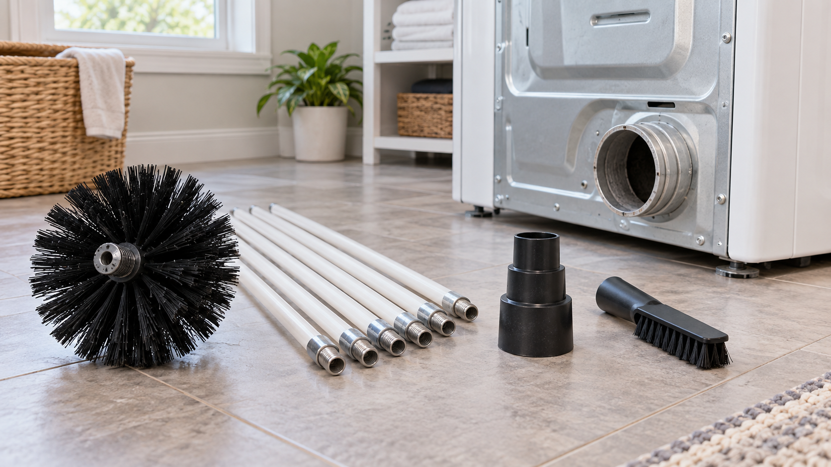 Unbranded dryer vent brush, threaded cleaning rods, vacuum adapters, and detail brush beside an accessible disconnected dryer outlet