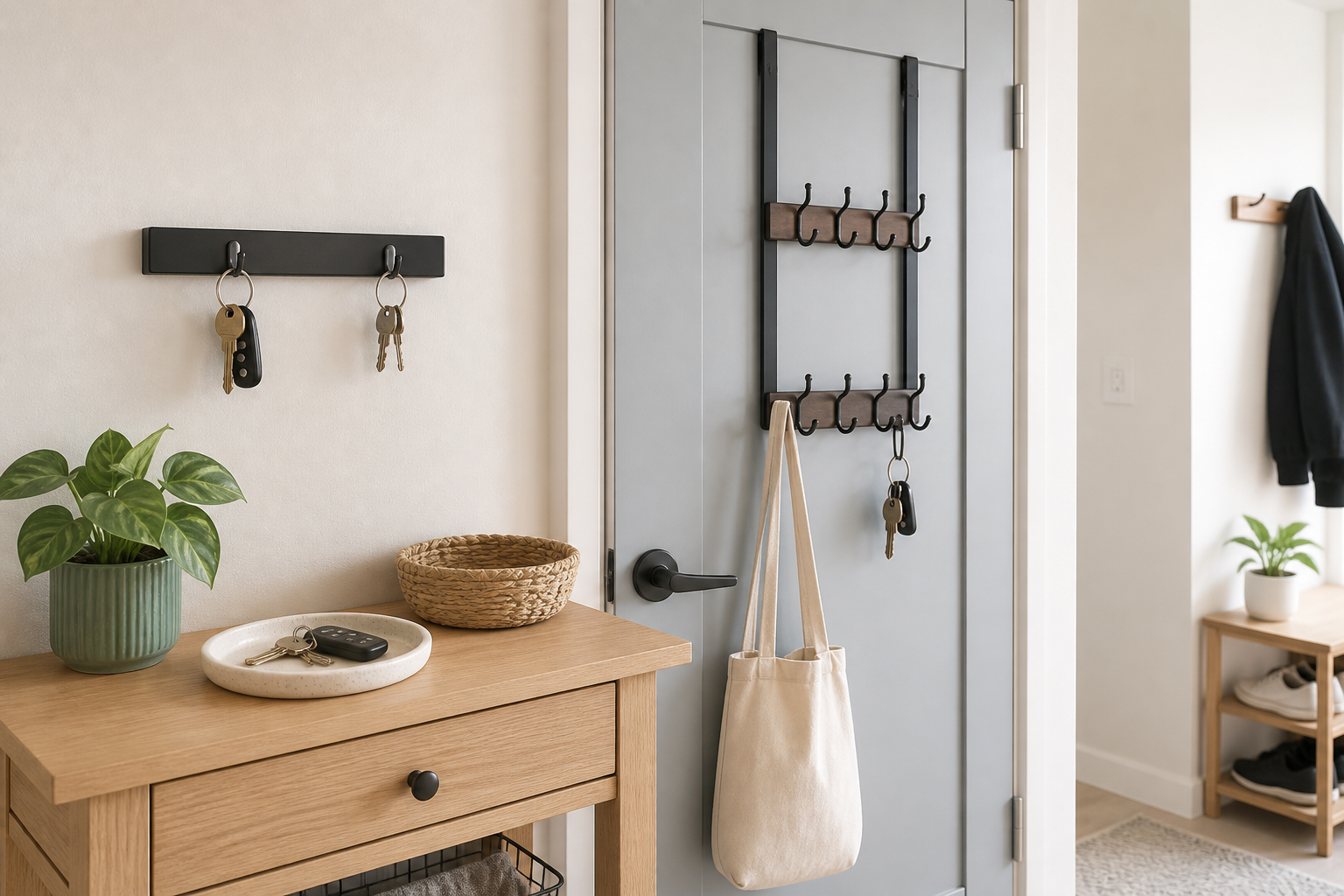 Compact apartment entryway showing a freestanding key tray, a removable wall key rail, and an over-door hook organizer