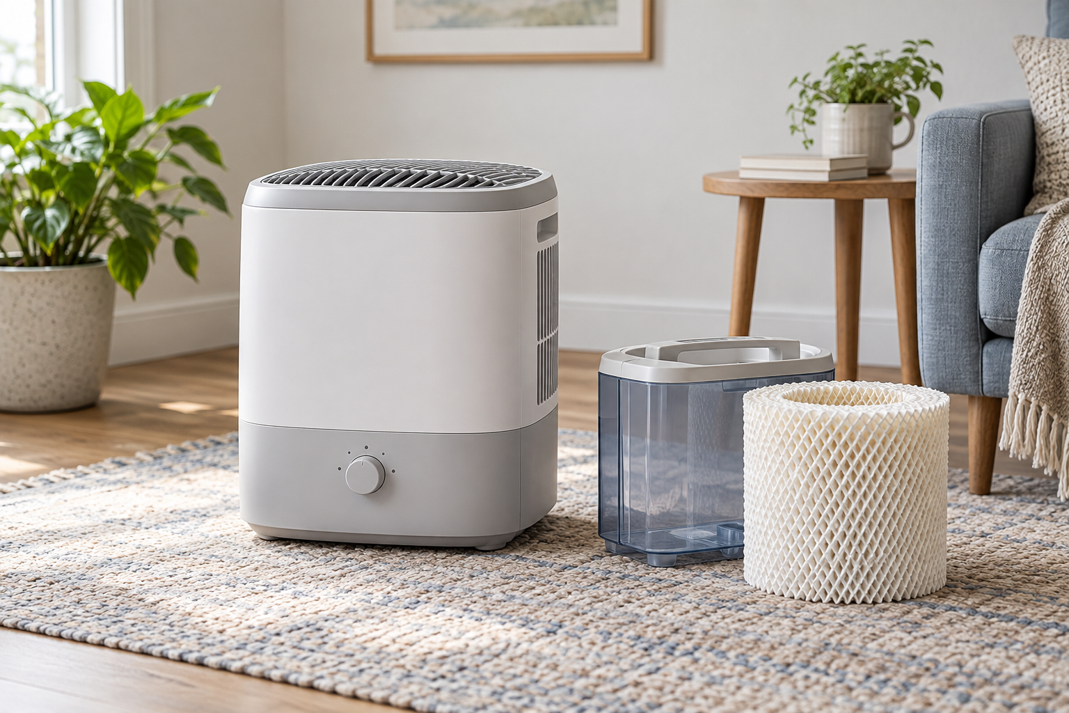 Unbranded evaporative humidifier in a living room with its removable water tank and clean replacement wick beside it