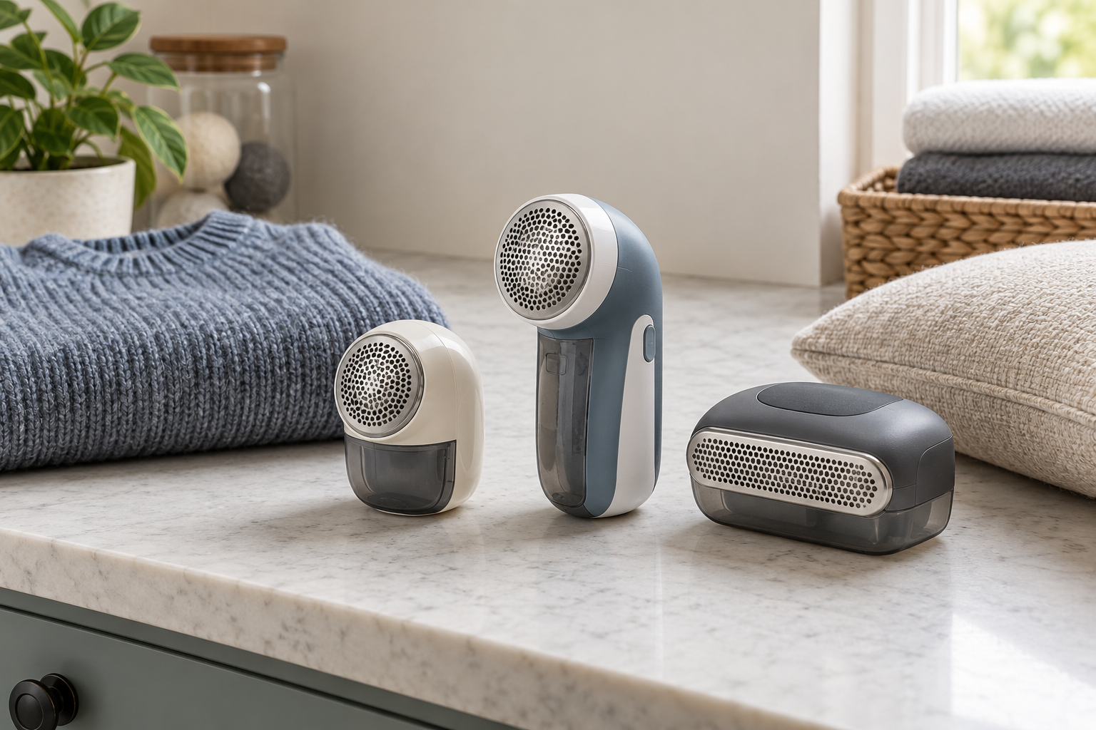 Three unbranded fabric shaver formats arranged beside a folded knit sweater and an upholstered cushion