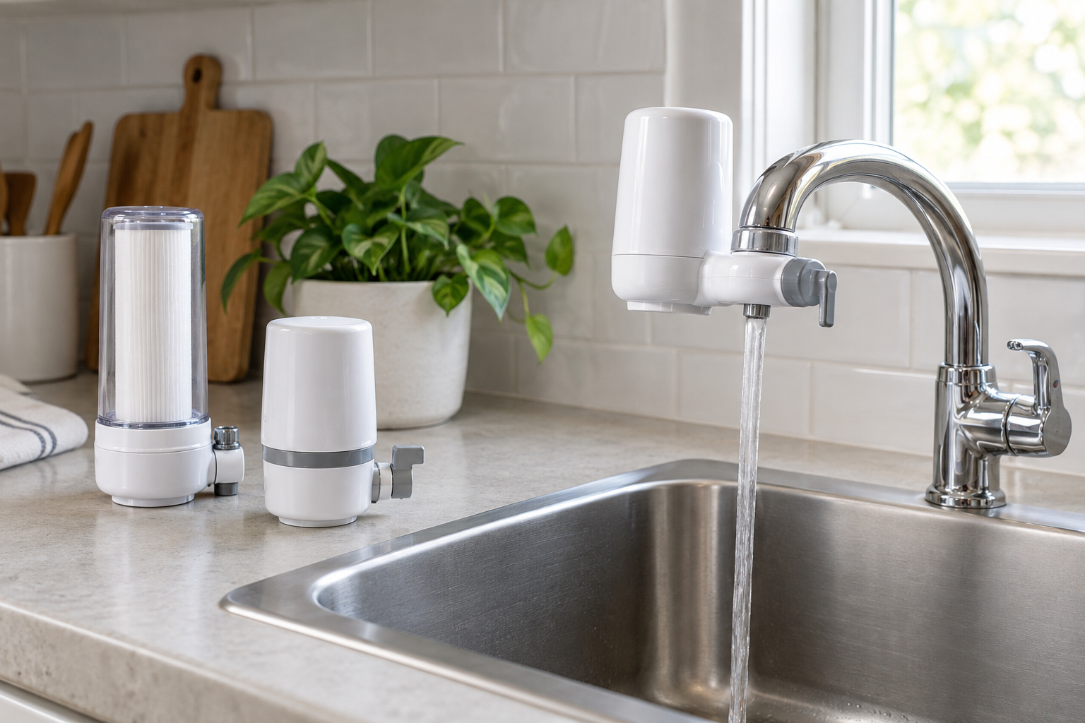 Generic faucet-mounted water filter formats beside a stainless-steel rental-kitchen sink