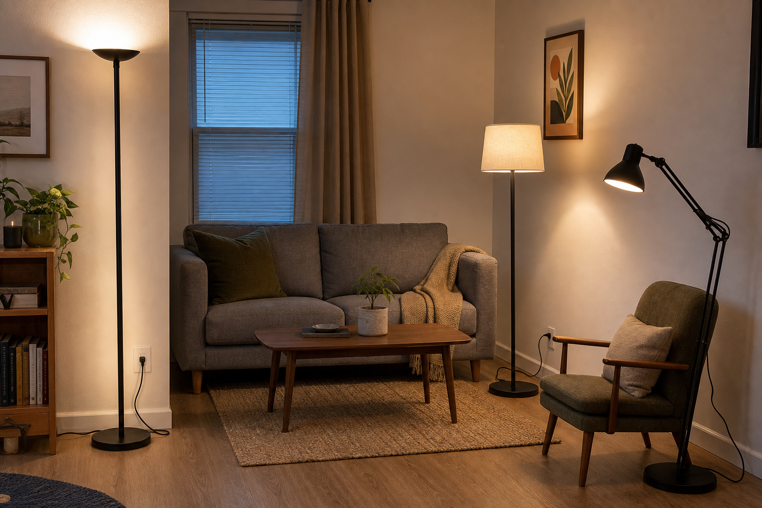 Slim torchiere, shaded floor lamp, and adjustable task floor lamp arranged in a small living room with their bases and cord routes visible