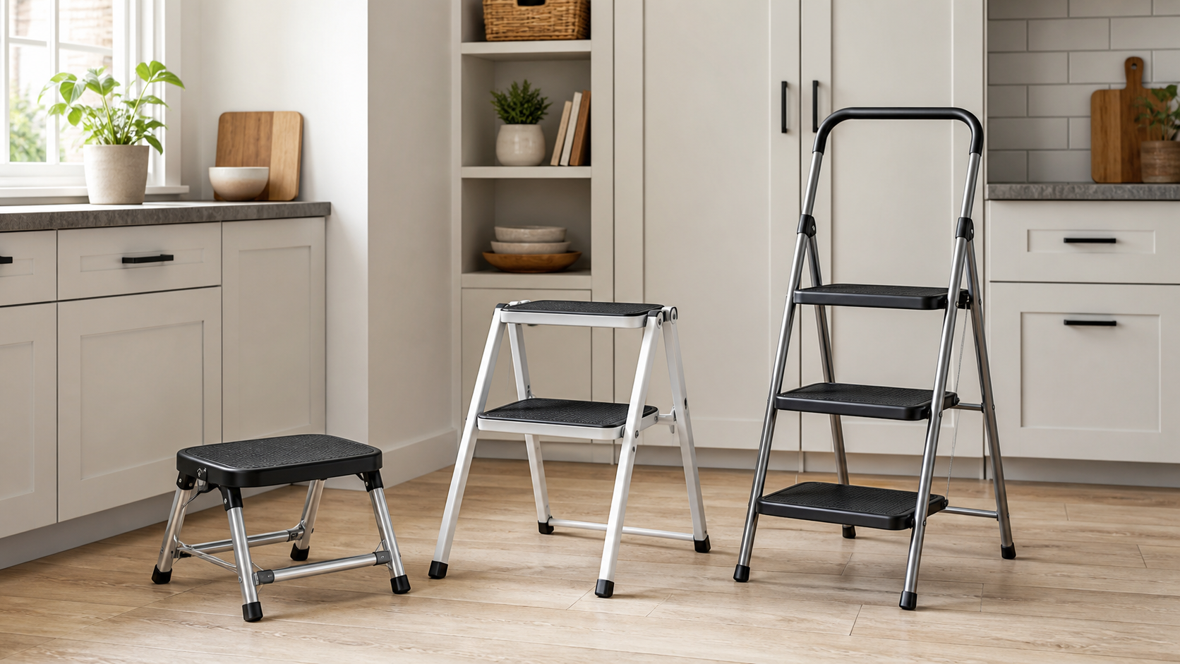 Unbranded one-step, two-step, and three-step folding stools arranged on a level floor in a compact kitchen