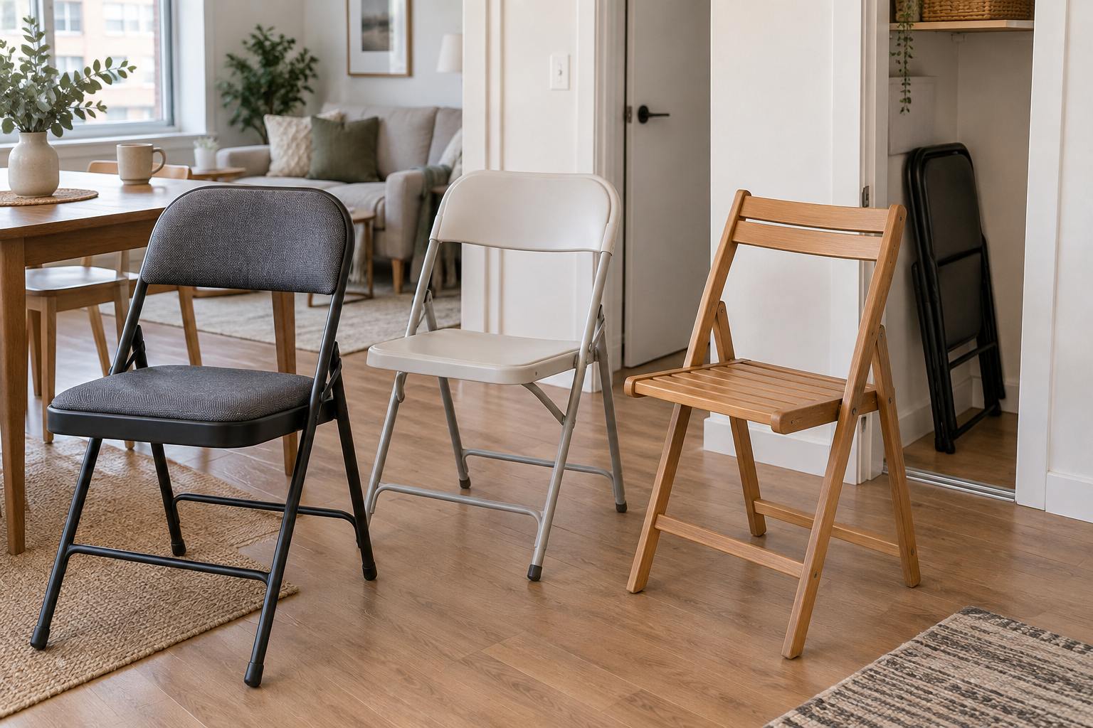 Padded, molded-plastic, and slatted wood folding chairs arranged in a small apartment, with folded chairs stored upright in an open closet