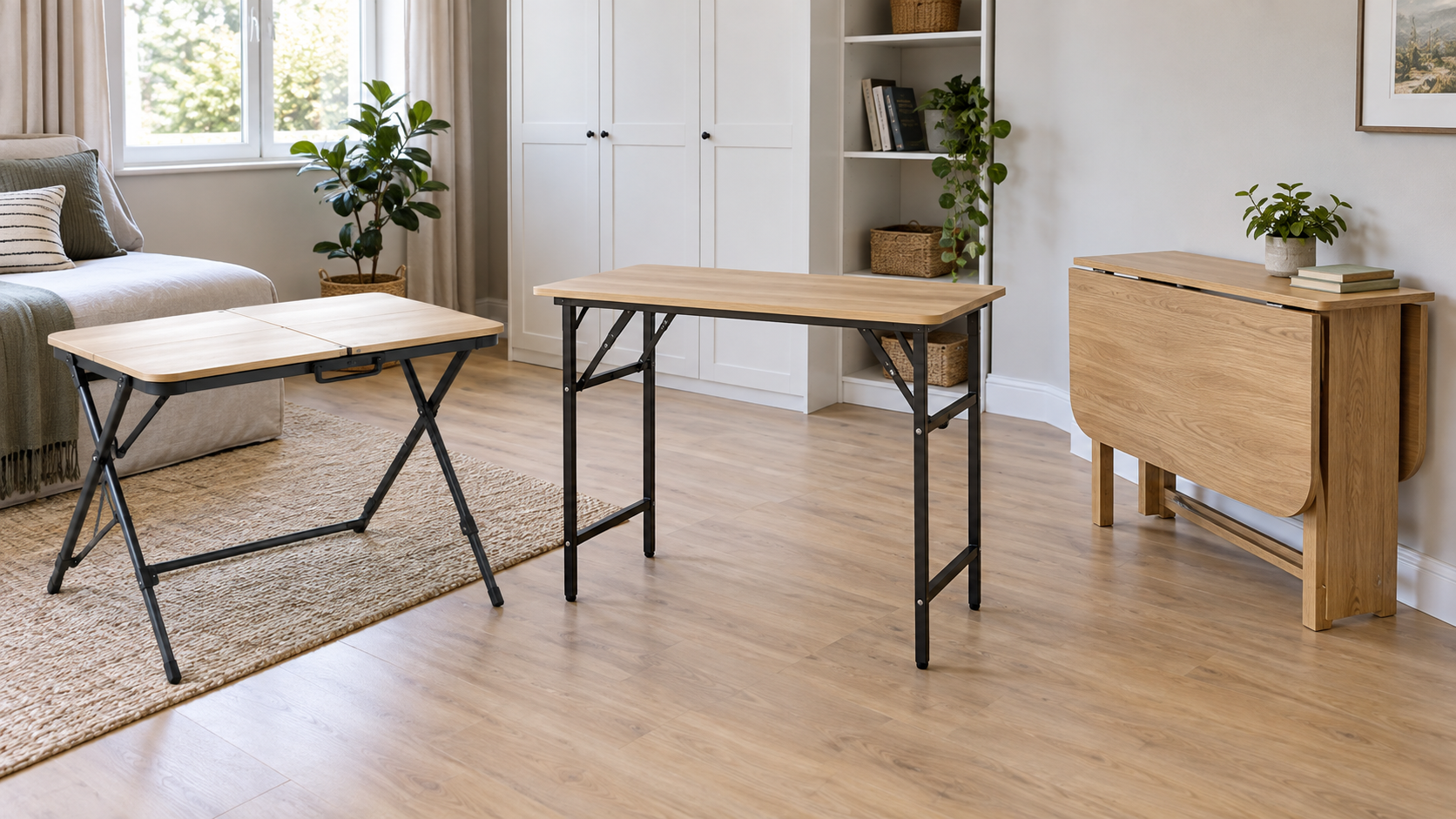 Fold-in-half table desk, slim folding-leg desk, and drop-leaf style desk arranged for comparison in a bright multipurpose room