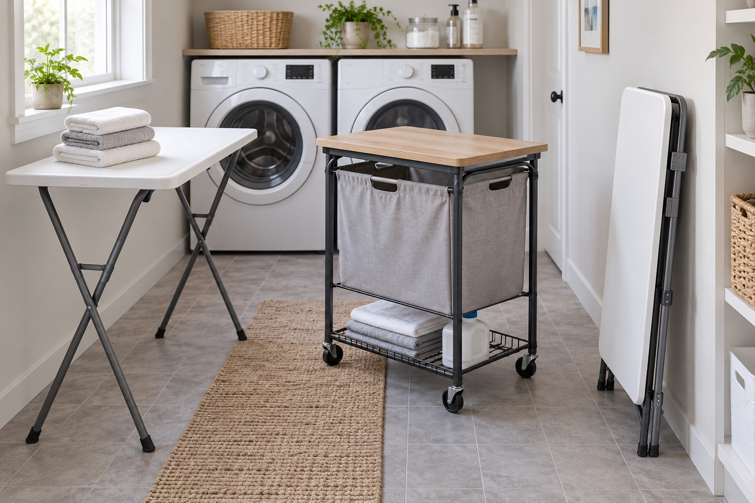 Freestanding folding-leg table, compact rolling laundry station with a worktop, and fold-flat utility table stored upright in a small laundry room