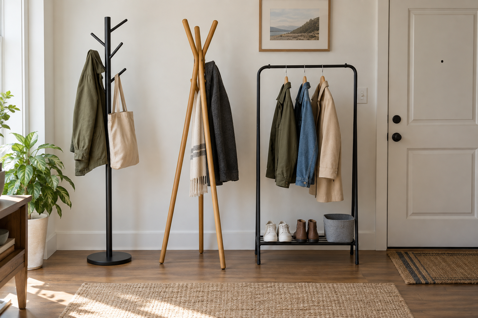 Slim tree, wood tripod, and garment-rack-style freestanding coat racks showing different base footprints in an apartment entryway