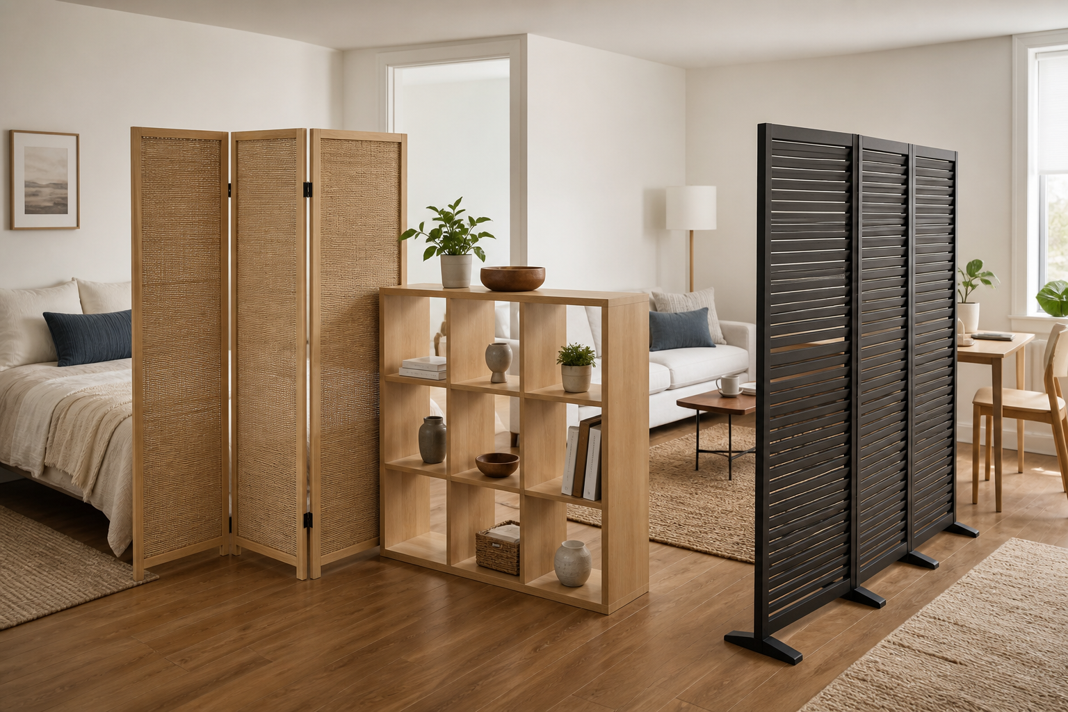 Folding woven screen, low open shelf divider, and slatted freestanding panel arranged between sleeping and living zones in a studio apartment