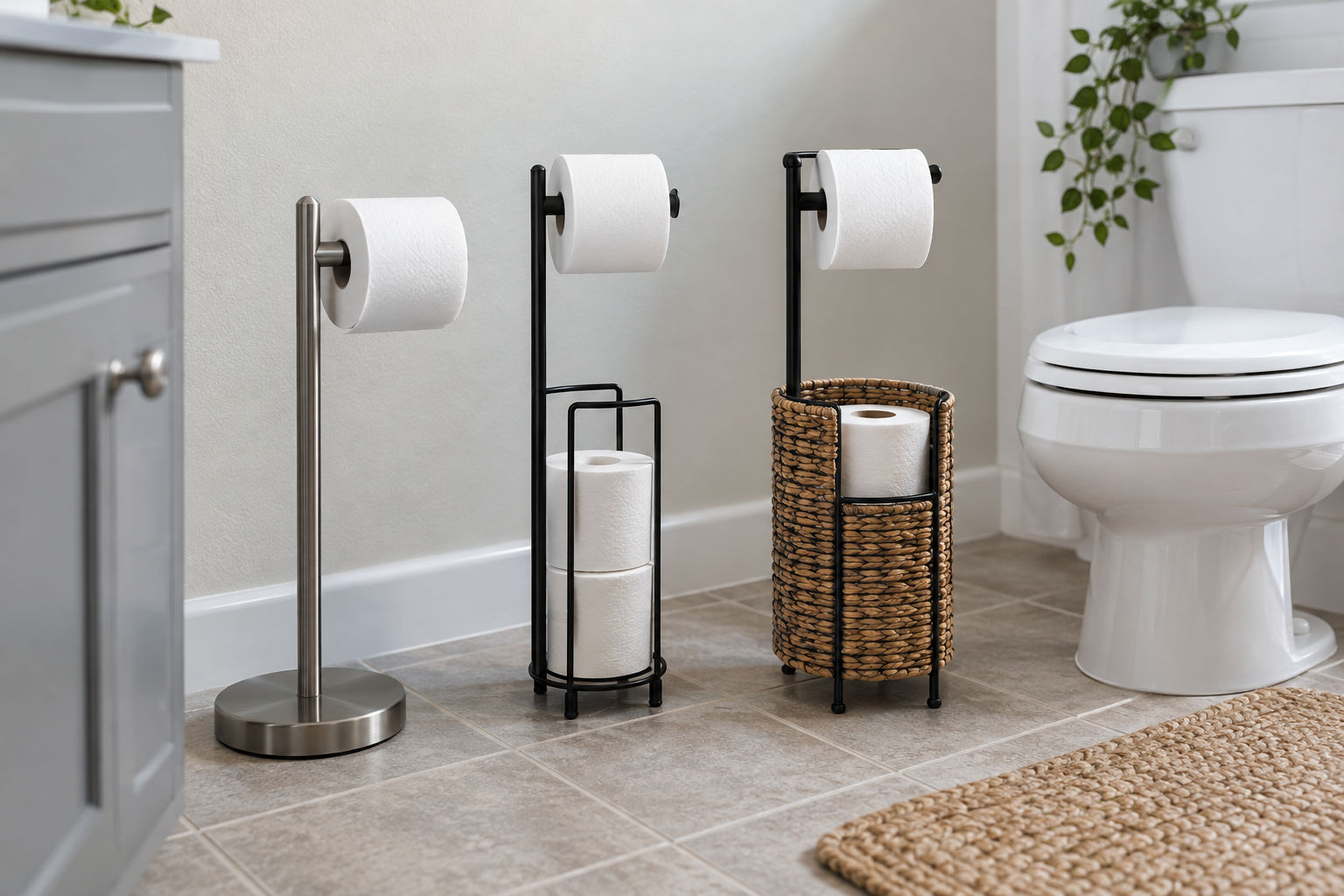 Three freestanding toilet paper holder formats—a weighted stand, reserve-roll stand, and basket-base stand—beside a toilet in a small rental bathroom