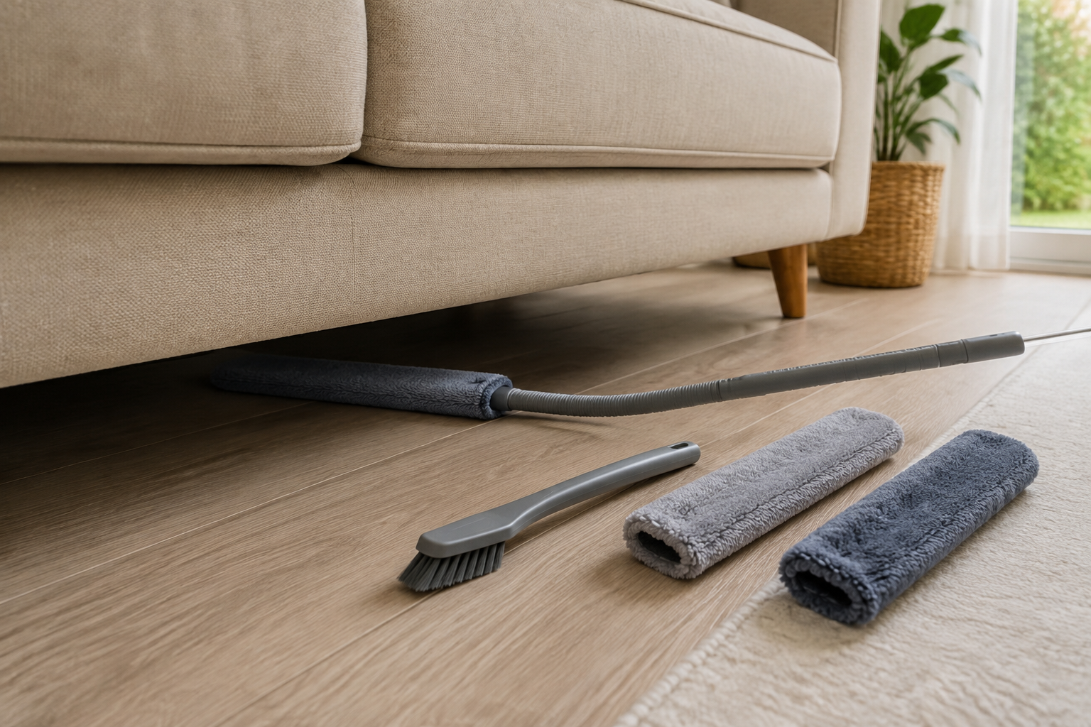 Slim flexible microfiber gap duster reaching beneath a low beige sofa, with a narrow brush and two washable replacement sleeves nearby