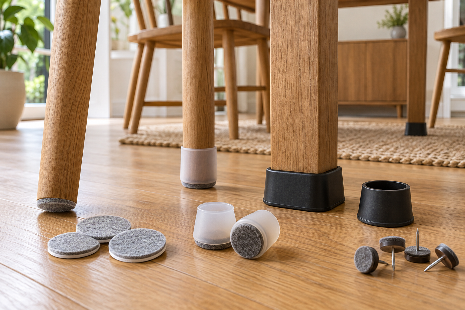 Unbranded felt pads, silicone-and-felt caps, rubber cups, and nail-on pads beside wooden furniture legs on a hard floor
