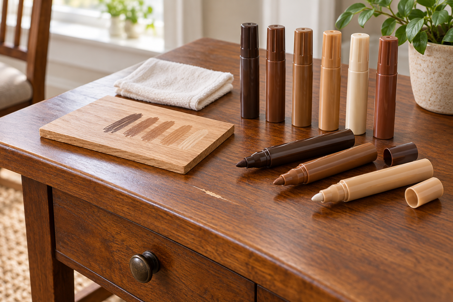 Unbranded furniture touch-up markers in several wood tones beside a scratched finished-wood table and a color-test board