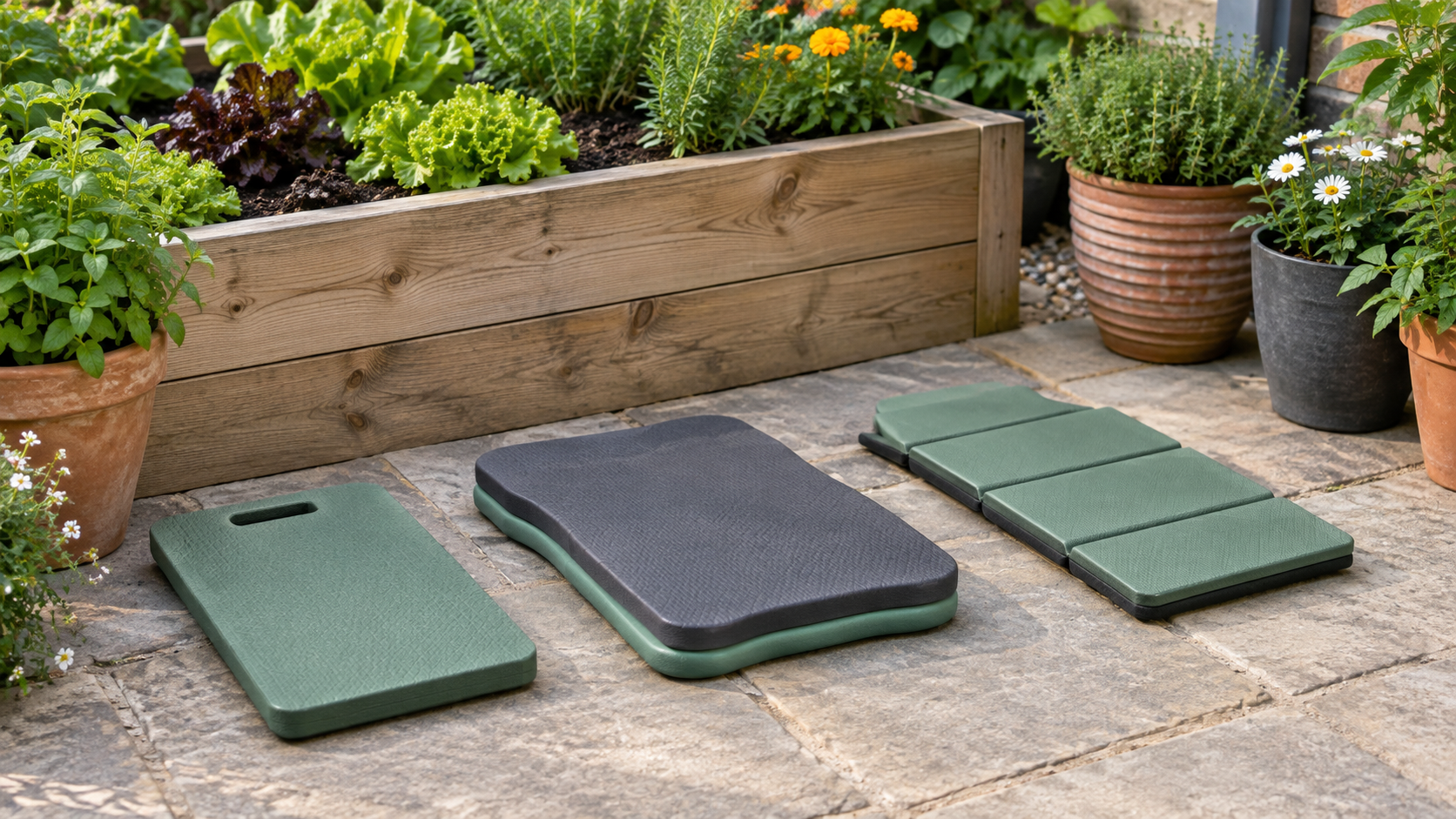 A compact green foam pad with a carry slot, a wider layered pad, and a folding green pad on paving beside a raised bed and planted containers