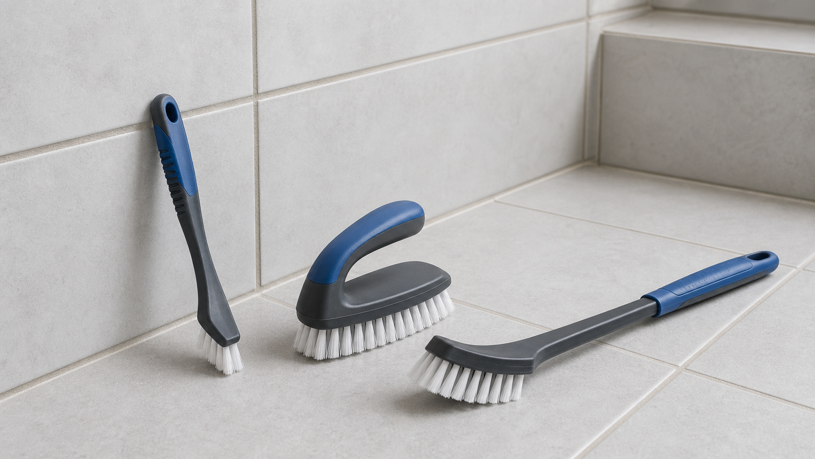 Three unbranded manual grout-cleaning brush styles beside light bathroom tile: a narrow detail brush, an ergonomic hand scrubber, and a long-handled brush