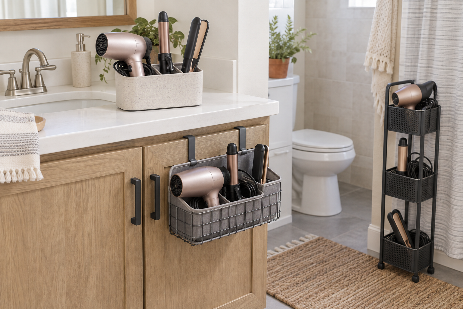 Countertop bin, padded cabinet-door basket, and narrow freestanding caddy holding unplugged, cooled hair tools in a small bathroom