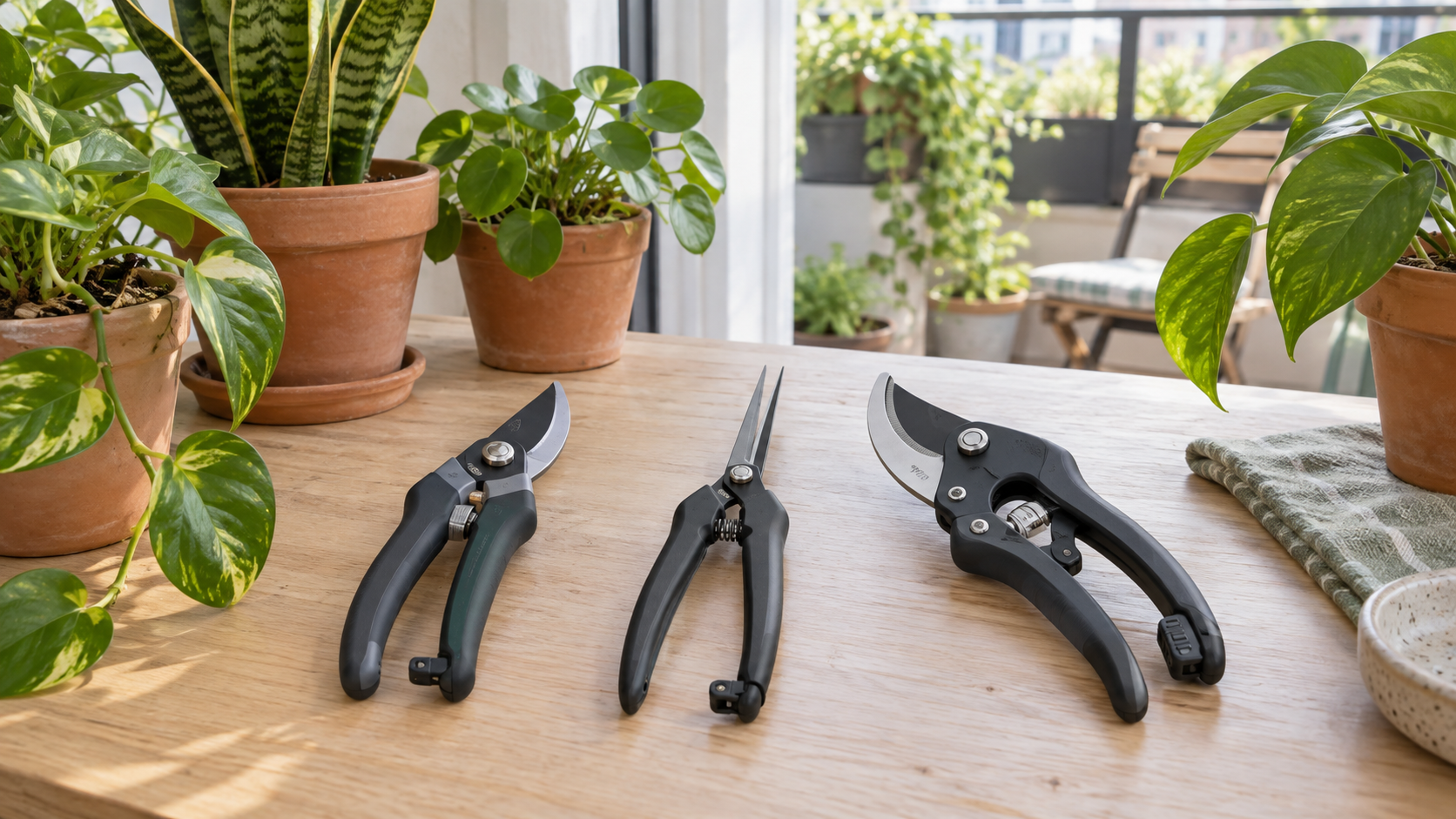 Three unbranded hand-pruning formats—a compact bypass pruner, narrow precision snips, and a ratcheting pruner—on a table among potted houseplants