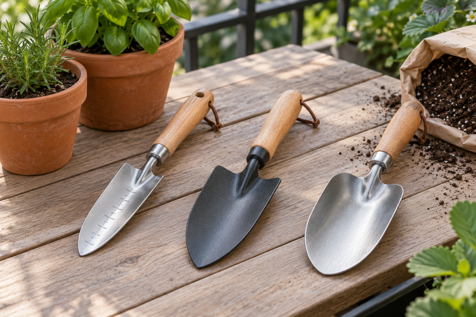 Three unbranded hand trowel formats on a balcony potting bench beside container plants and potting mix