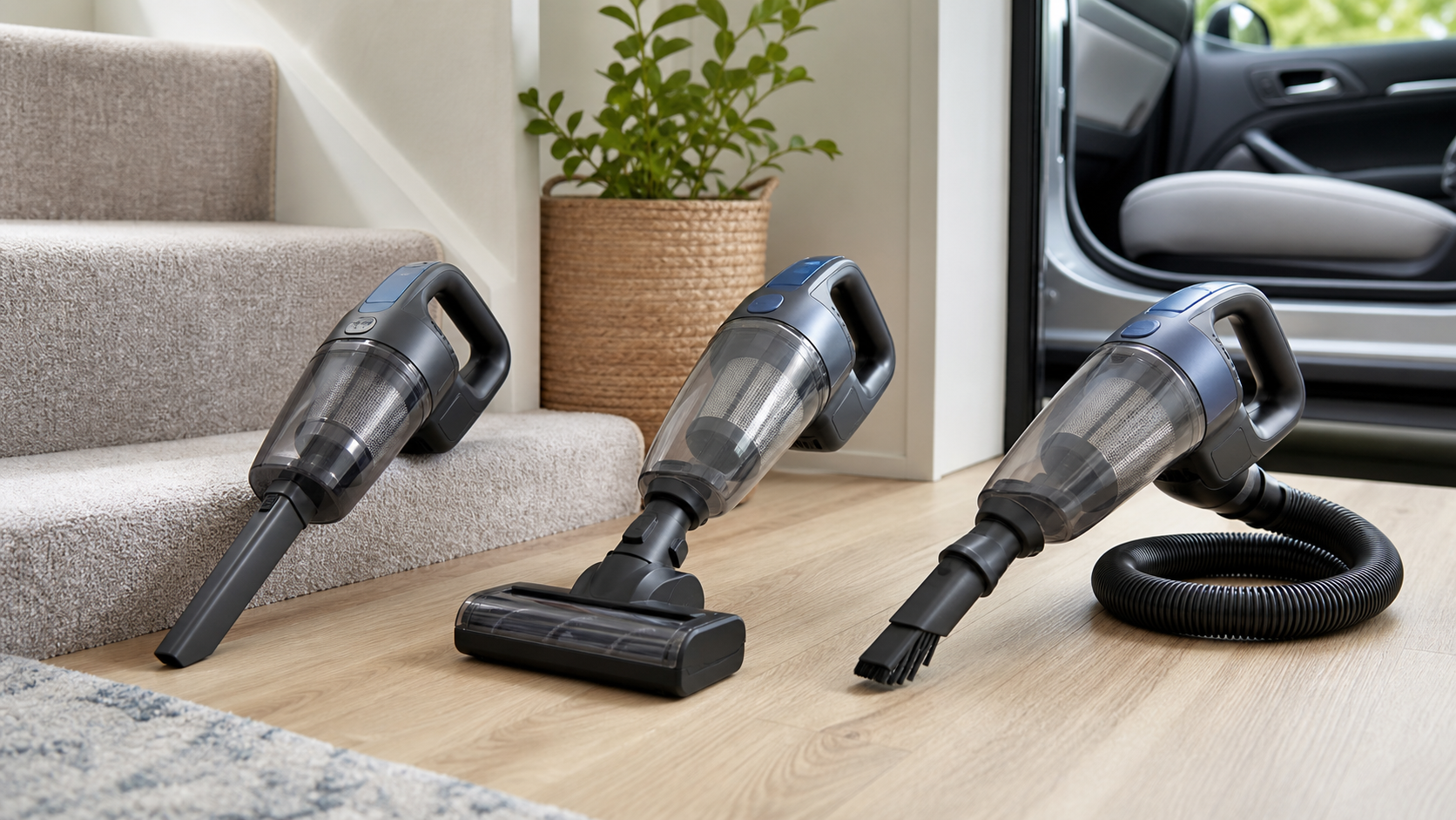 Three unbranded cordless handheld vacuum formats with crevice, upholstery, and flexible-hose attachments beside carpeted stairs and an open car door