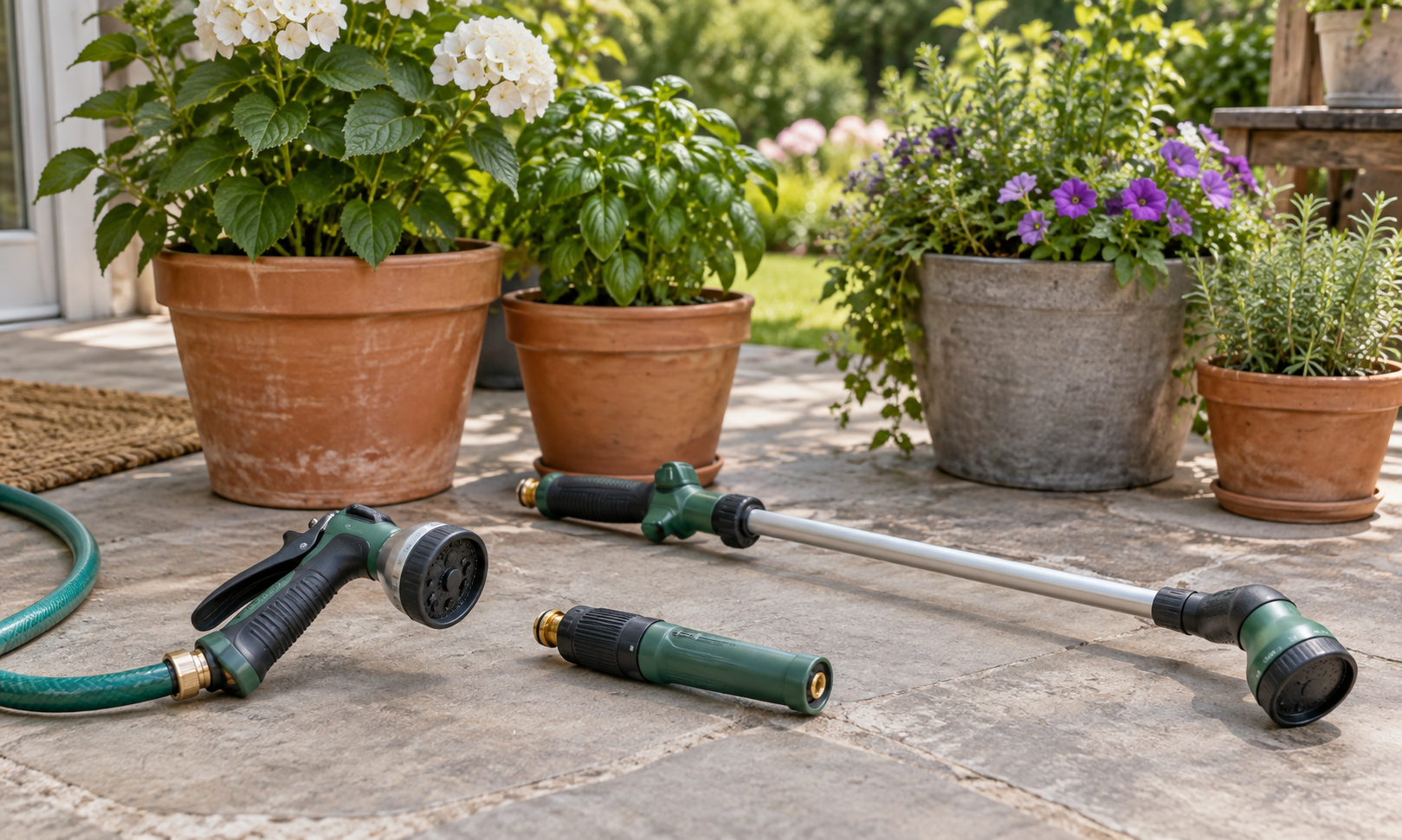 An unbranded pistol-grip hose nozzle, adjustable twist nozzle, and long watering wand arranged beside patio container plants