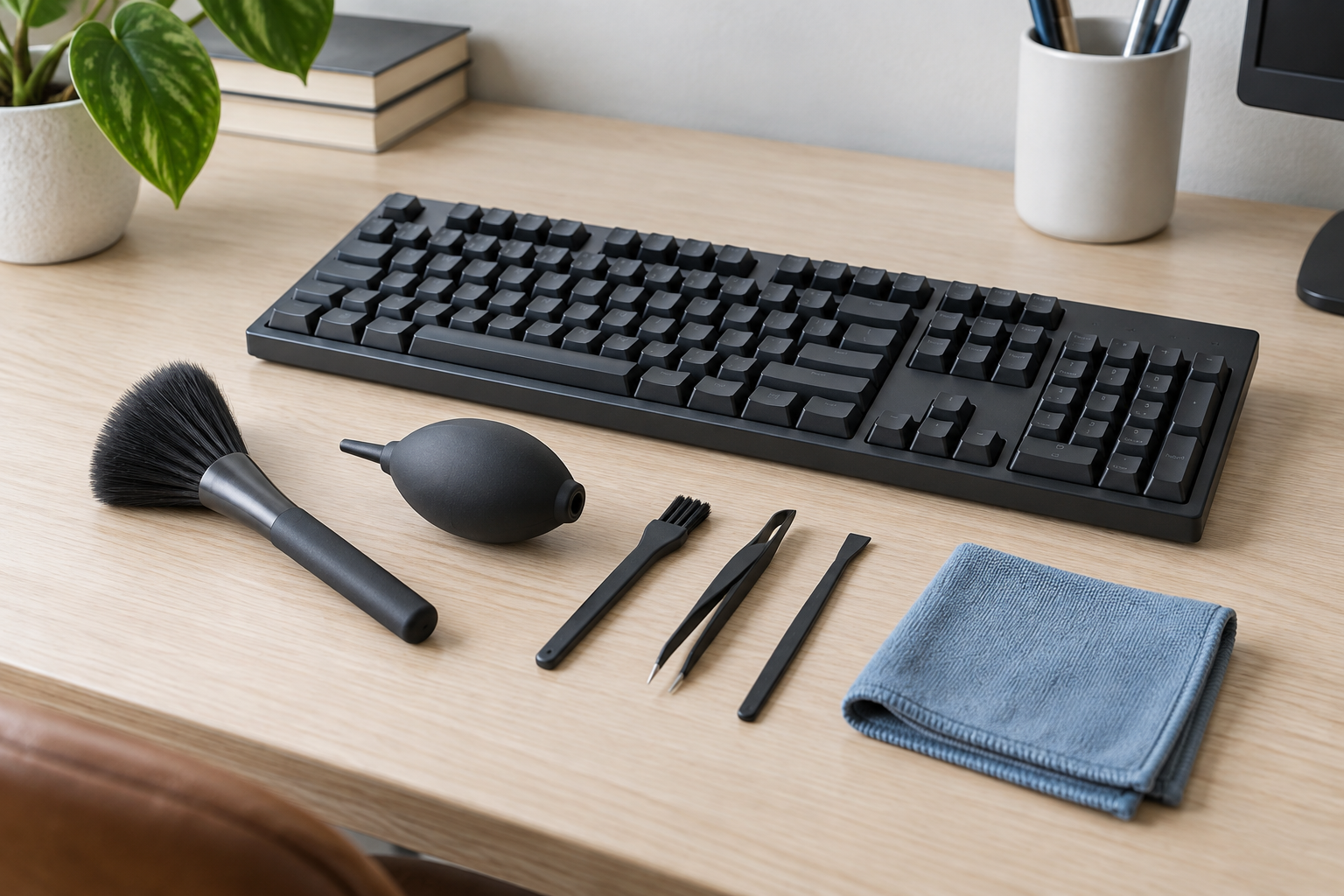 Unbranded soft brushes, a hand-squeeze air blower, detail tools, and a blue microfiber cloth arranged beside a black keyboard on a home-office desk