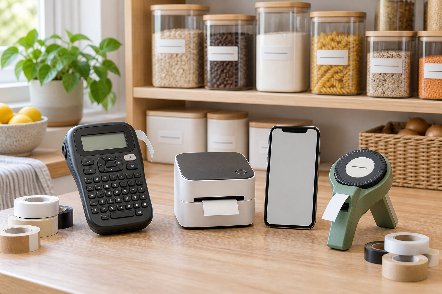 Three unbranded household label maker formats with tape rolls on a pantry work surface